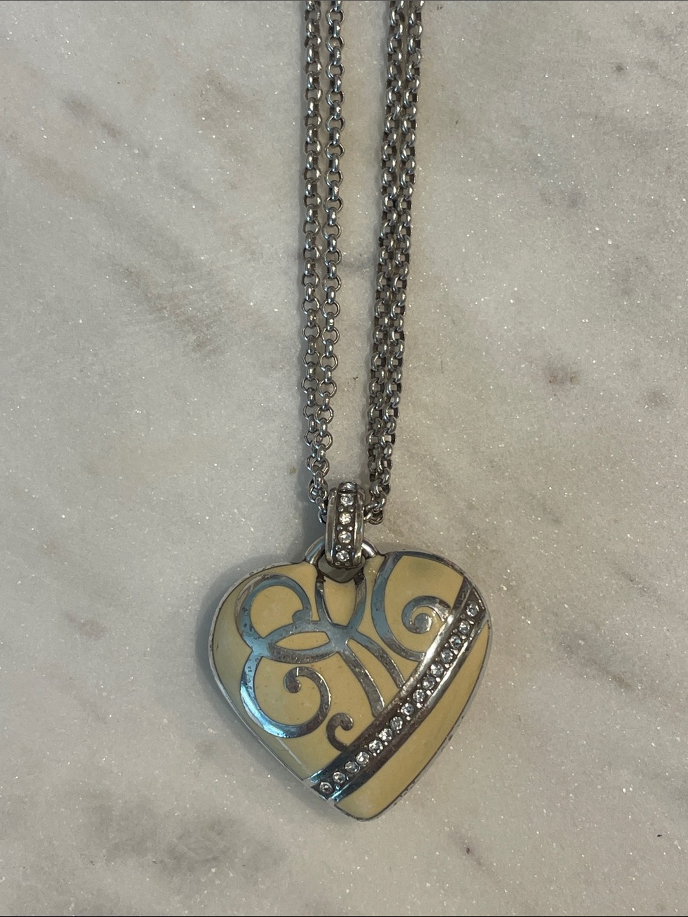 Brighton Rare Find Scrolled Cream Enameled Heart Pendent with Double Chain